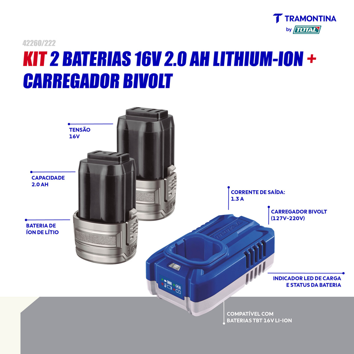 Kit 2 baterias 16V 2,0Ah 16 V + Carregador 1,3A Tramontina by Total - SKU 42260222 - 2 image number 1
