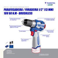 Parafusadeira/Furadeira 1/2" (13 mm) 16V 60 N.m Brushless Tramontina by Total - Com 2 Baterias 16V de 2,0Ah, Carregador e Maleta - SKU 42261121 - 3 image number 2