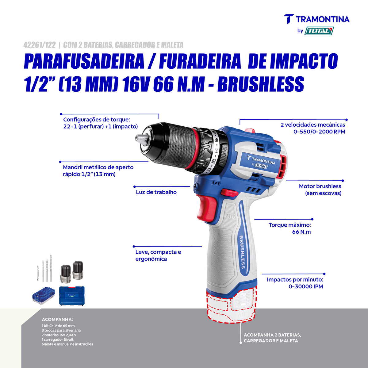 Parafusadeira/Furadeira de impacto 1/2" (13 mm) 16V 66 N.m Brushless Tramontina by Total - Com 2 Baterias 16V de 2,0Ah, Carregador e Maleta - SKU 42261122 - 3 image number 2