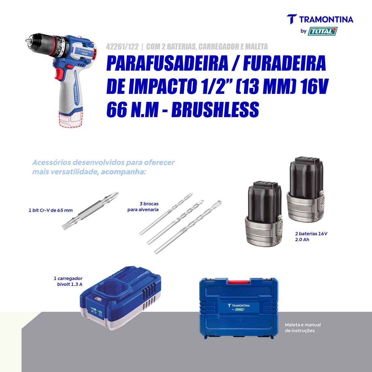 Parafusadeira/Furadeira de impacto 1/2" (13 mm) 16V 66 N.m Brushless Tramontina by Total - Com 2 Baterias 16V de 2,0Ah, Carregador e Maleta - SKU 42261122 - 5 image number 4
