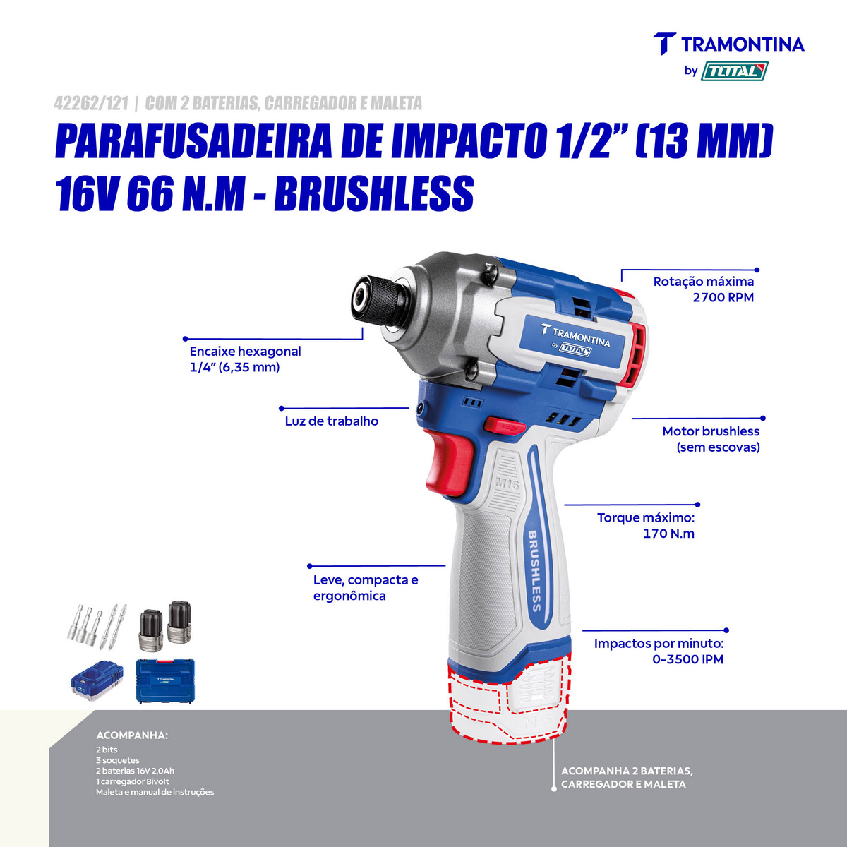 Parafusadeira de Impacto 1/4" (6,35 mm) 16V 170 N.m Brushless Tramontina by Total - Com 2 Baterias 16V de 2,0Ah, Carregador e Maleta - SKU 42262121 - 3 image number 2