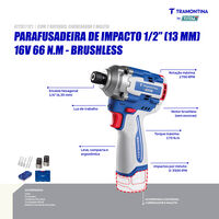 Parafusadeira de Impacto 1/4" (6,35 mm) 16V 170 N.m Brushless Tramontina by Total - Com 2 Baterias 16V de 2,0Ah, Carregador e Maleta - SKU 42262121 - 3 image number 2