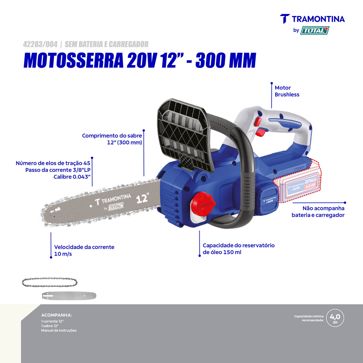 Motosserra 12" (30 cm) 20V Brushless Tramontina by Total - Sem Bateria e Carregador - SKU 42283004 - 3 image number 2