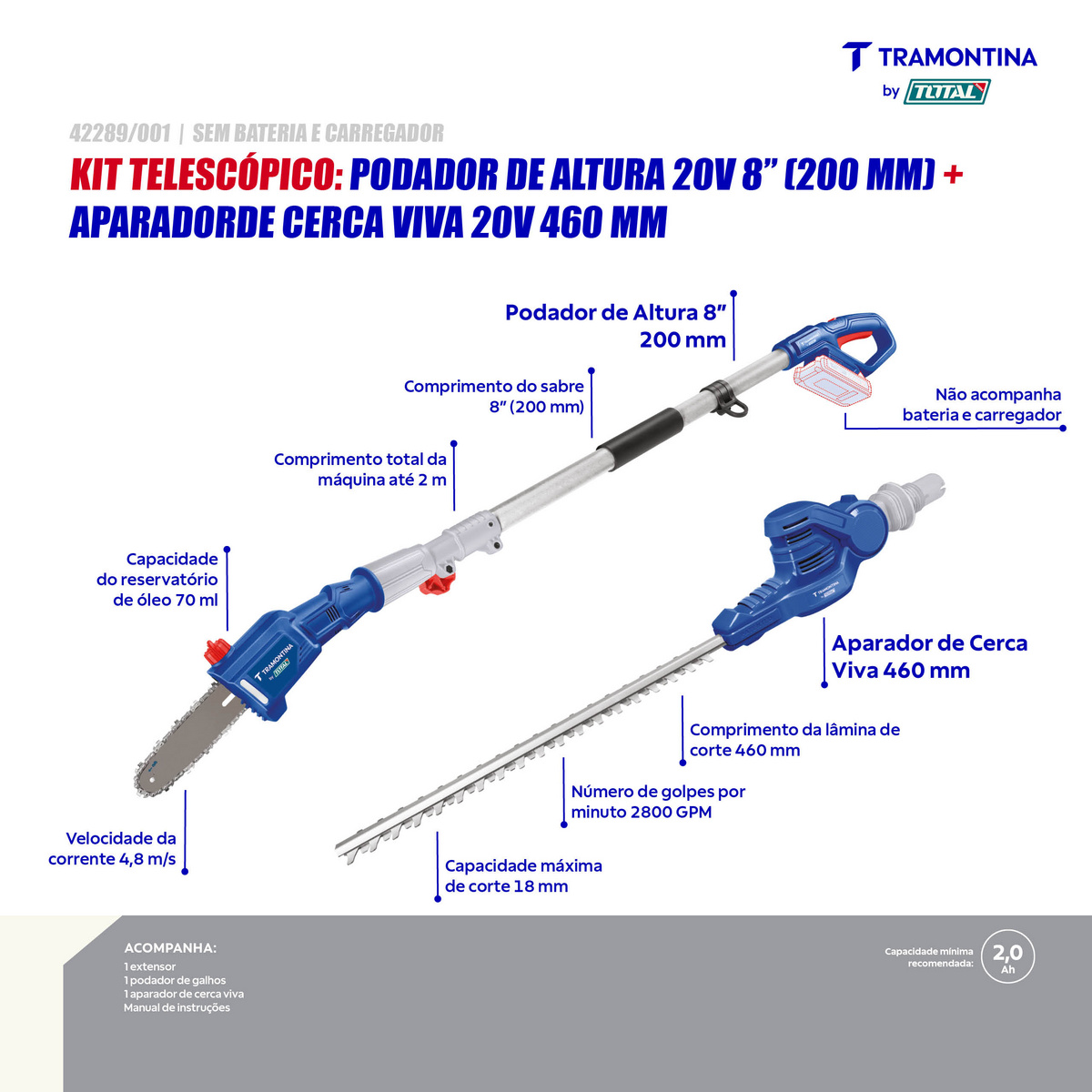 Kit Podador de Altura e Aparador de Cerca Viva Telesc&oacute;pico 20V Tramontina by Total - Sem Bateria e Carregador - SKU 42289001 - 2 image number 1