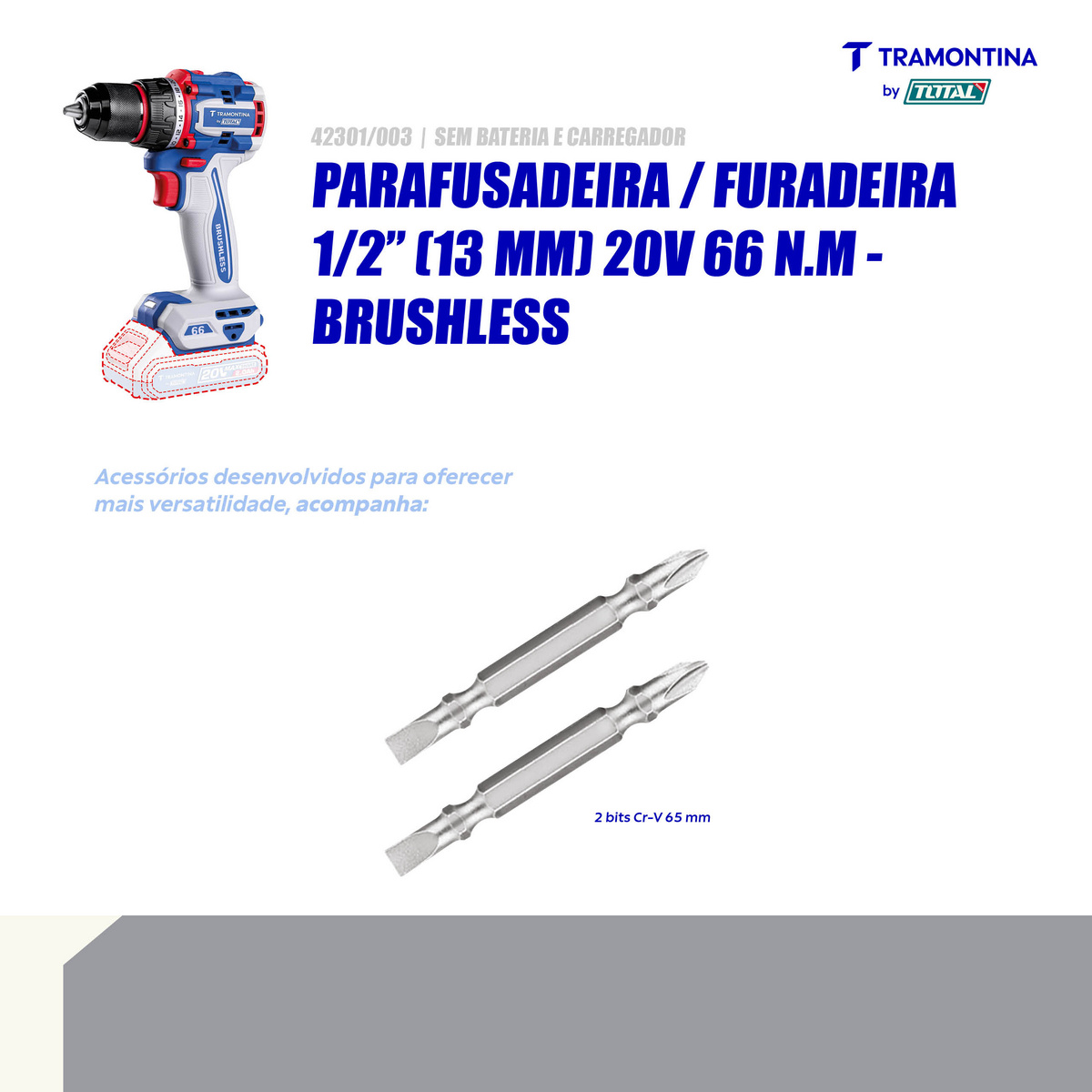 Parafusadeira/Furadeira 1/2" (13 mm) 20V 66 N.m Brushless Tramontina by Total - Sem Bateria e Carregador - SKU 42301003 - 4 image number 3