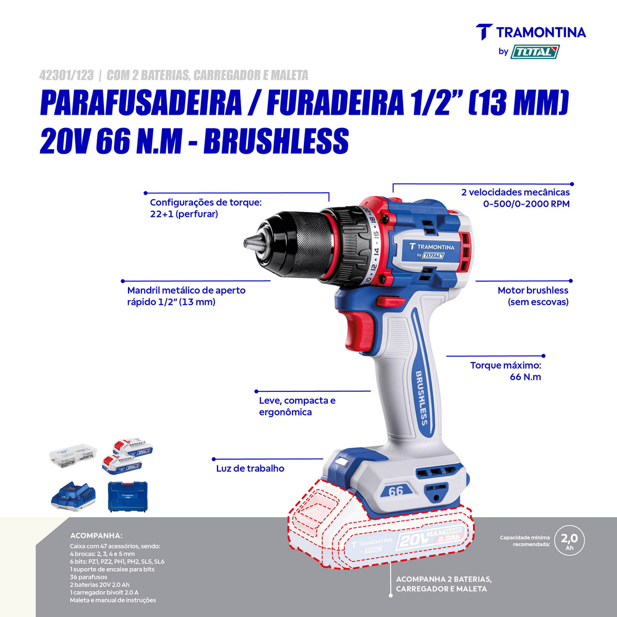 Parafusadeira/Furadeira 1/2" (13 mm) 20V 66 N.m Brushless Tramontina by Total - Com 2 Baterias 20V de 2,0Ah, Carregador e Maleta - SKU 42301123 - 5 image number 4