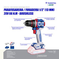 Parafusadeira/Furadeira 1/2" (13 mm) 20V 66 N.m Brushless Tramontina by Total - Com 2 Baterias 20V de 2,0Ah, Carregador e Maleta - SKU 42301123 - 3 image number 2