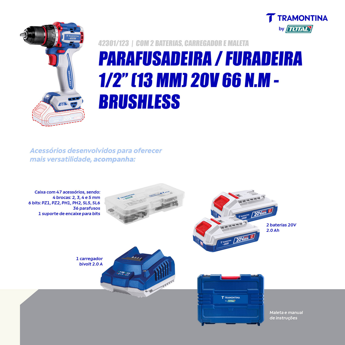Parafusadeira/Furadeira 1/2" (13 mm) 20V 66 N.m Brushless Tramontina by Total - Com 2 Baterias 20V de 2,0Ah, Carregador e Maleta - SKU 42301123 - 3 image number 2