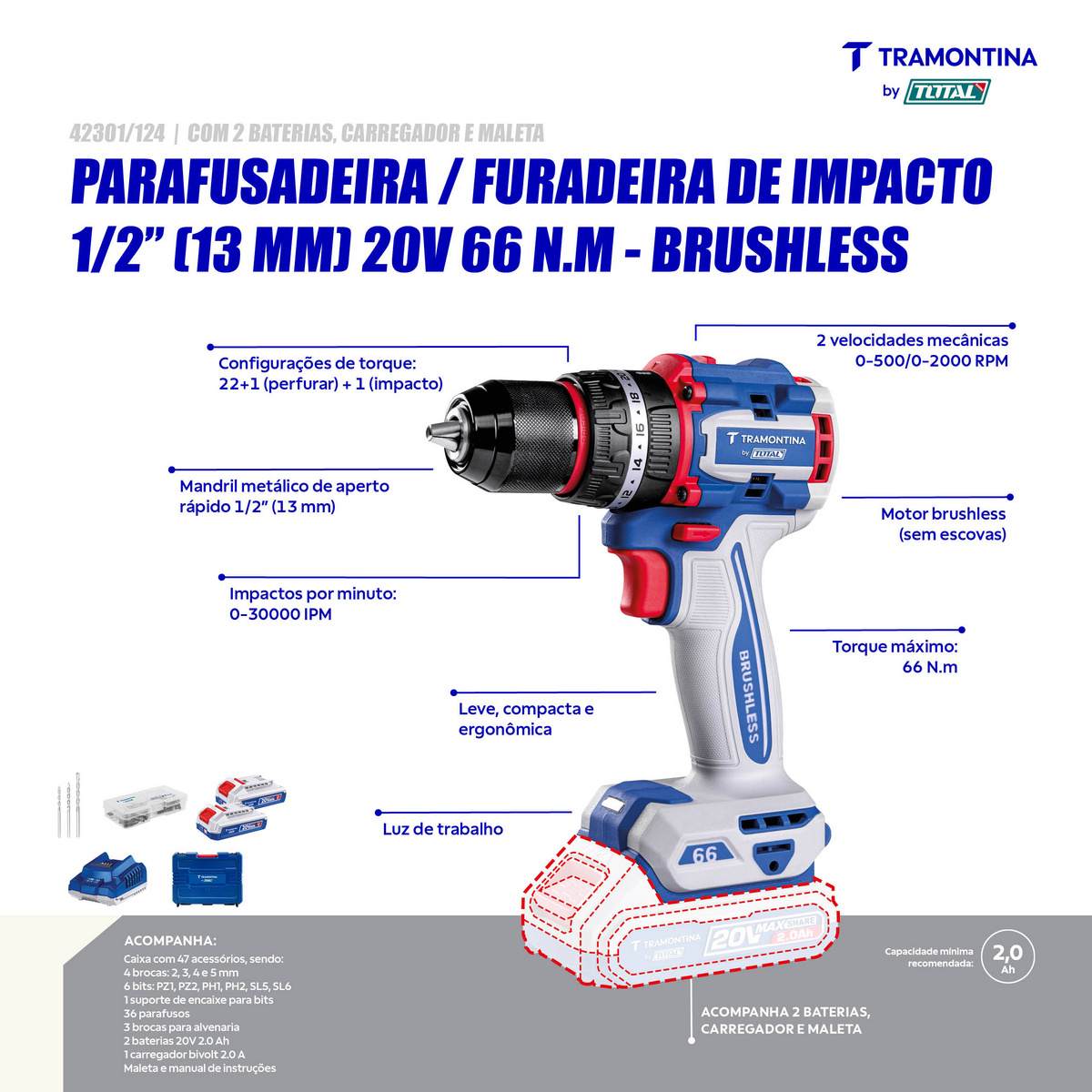 Parafusadeira/Furadeira de Impacto 1/2" (13mm) 20V 66 N.m Brushless Tramontina by Total - Com 2 Baterias 20V de 2,0Ah, Carregador e Maleta - SKU 42301124 - 5 image number 4