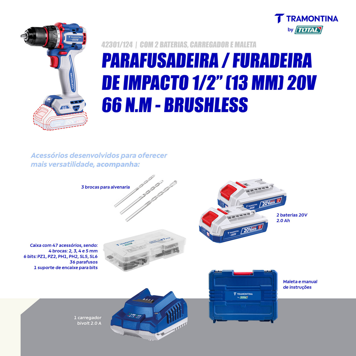 Parafusadeira/Furadeira de Impacto 1/2" (13mm) 20V 66 N.m Brushless Tramontina by Total - Com 2 Baterias 20V de 2,0Ah, Carregador e Maleta - SKU 42301124 - 3 image number 2