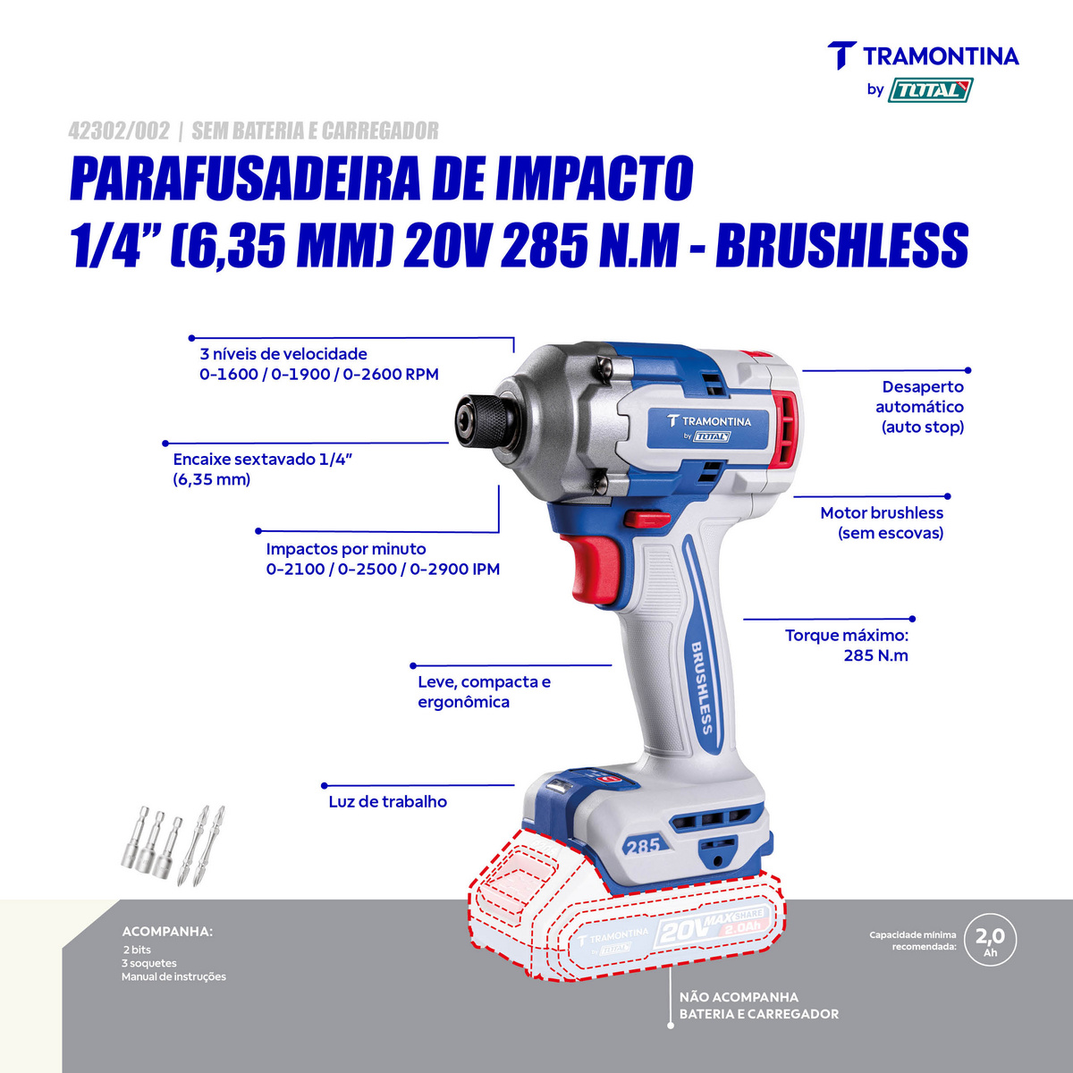 Parafusadeira de Impacto 1/4" (6,35 mm) 20V 285 N.m Brushless Tramontina by Total - Sem Bateria e Carregador - SKU 42302002 - 3 image number 2