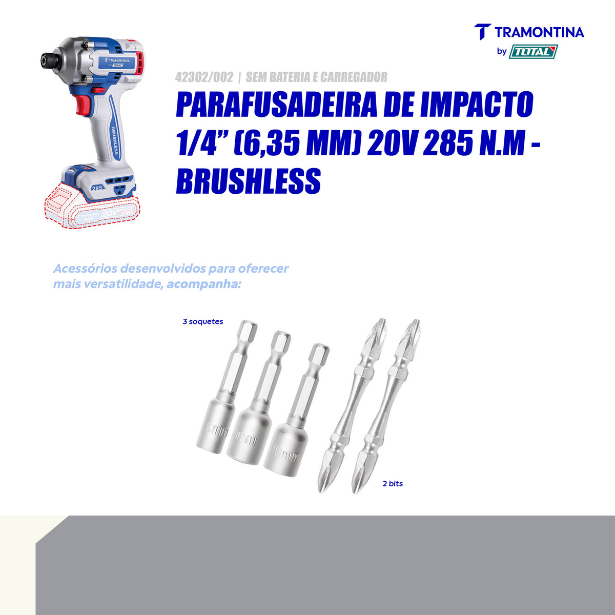 Parafusadeira de Impacto 1/4" (6,35 mm) 20V 285 N.m Brushless Tramontina by Total - Sem Bateria e Carregador - SKU 42302002 - 4 image number 3