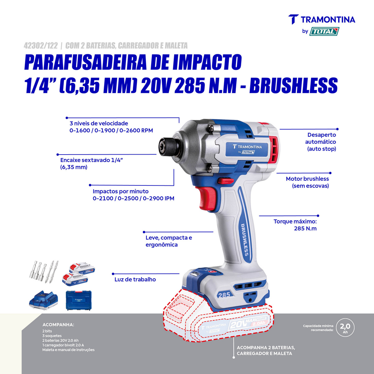Parafusadeira de Impacto 1/4" (6,35 mm) 20V 285 N.m Brushless Tramontina by Total - Com 2 Baterias 20V de 2,0Ah, Carregador e Maleta - SKU 42302122 - 3 image number 2