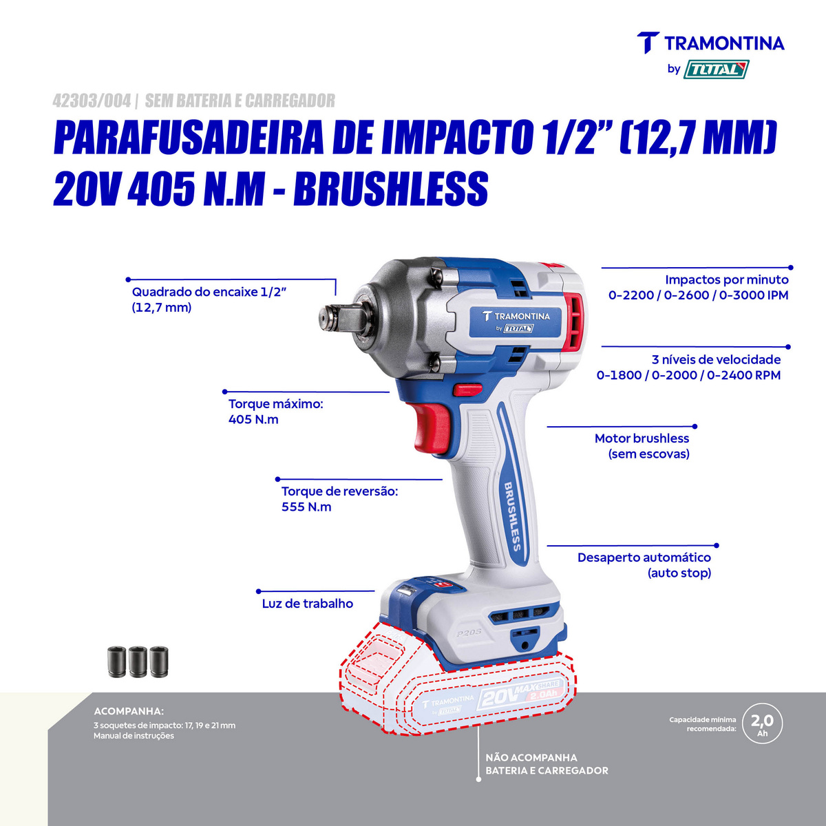 Chave de Impacto 1/2" (12,7 mm) 20V 405 N.m Brushless Tramontina by Total - Sem Bateria e Carregador - SKU 42303004 - 2 image number 1