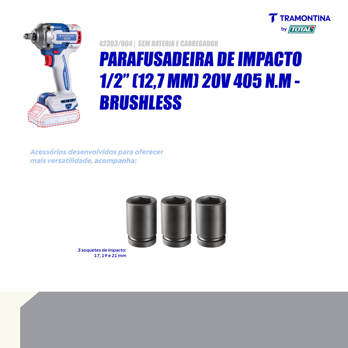 Chave de Impacto 1/2" (12,7 mm) 20V 405 N.m Brushless Tramontina by Total - Sem Bateria e Carregador - SKU 42303004 - 3 image number 2