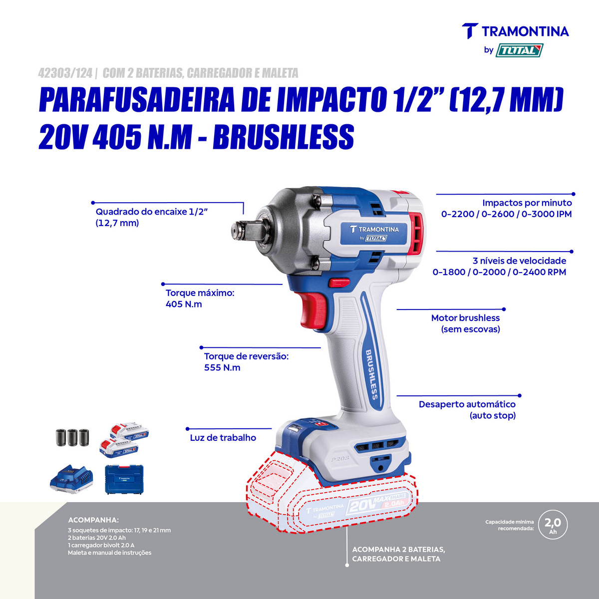 Chave de Impacto 1/2" (12,7 mm) 20V 405 N.m Brushless Tramontina by Total - Com 2 baterias 20V de 2,0Ah, Carregador e Maleta - SKU 42303124 - 3 image number 2