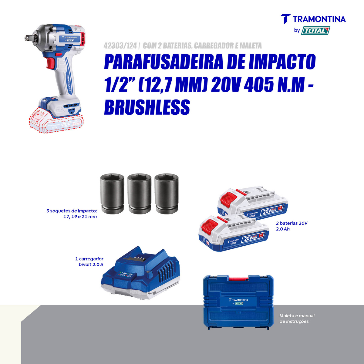 Chave de Impacto 1/2" (12,7 mm) 20V 405 N.m Brushless Tramontina by Total - Com 2 baterias 20V de 2,0Ah, Carregador e Maleta - SKU 42303124 - 4 image number 3