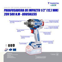 Chave de Impacto 1/2" (12,7 mm) 20V 500 N.m Brushless Tramontina by Total - Com 2 baterias 20V de 4,0Ah, Carregador e Maleta - SKU 42303205 - 3 image number 2