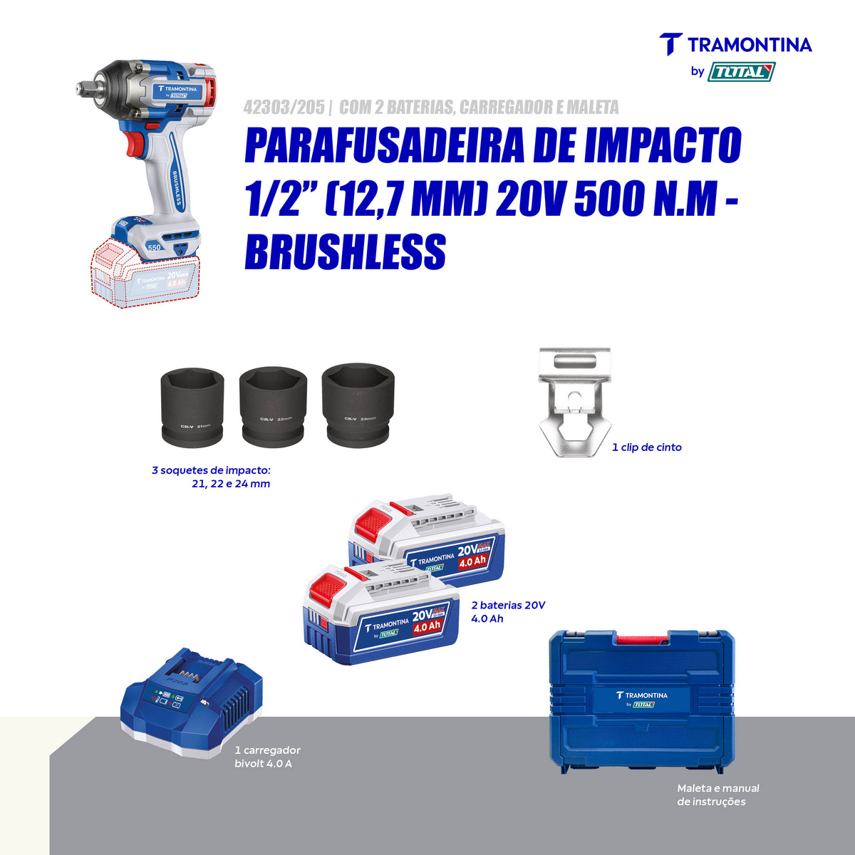 Chave de Impacto 1/2" (12,7 mm) 20V 500 N.m Brushless Tramontina by Total - Com 2 baterias 20V de 4,0Ah, Carregador e Maleta - SKU 42303205 - 4 image number 3