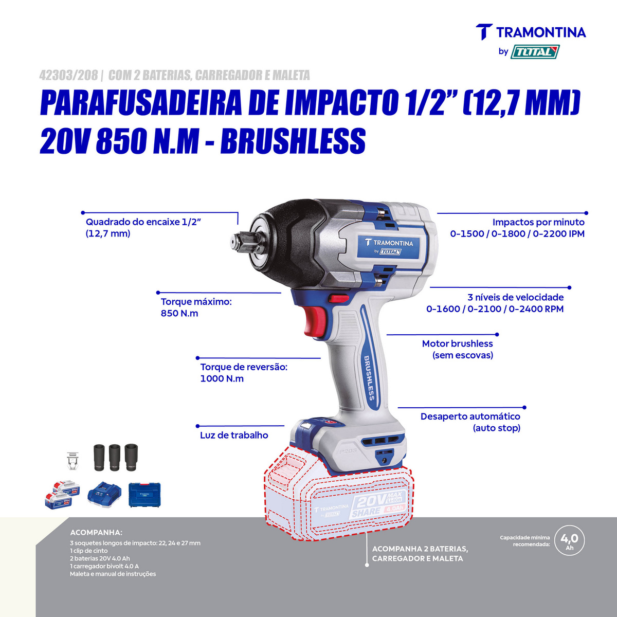 Chave de Impacto 1/2" (12,7 mm) 20V 0-850 N.m Brushless Tramontina by Total - Com 2 Baterias 20V de 4,0Ah, Carregador e Maleta - SKU 42303208 - 3 image number 2