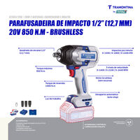 Chave de Impacto 1/2" (12,7 mm) 20V 0-850 N.m Brushless Tramontina by Total - Com 2 Baterias 20V de 4,0Ah, Carregador e Maleta - SKU 42303208 - 3 image number 2