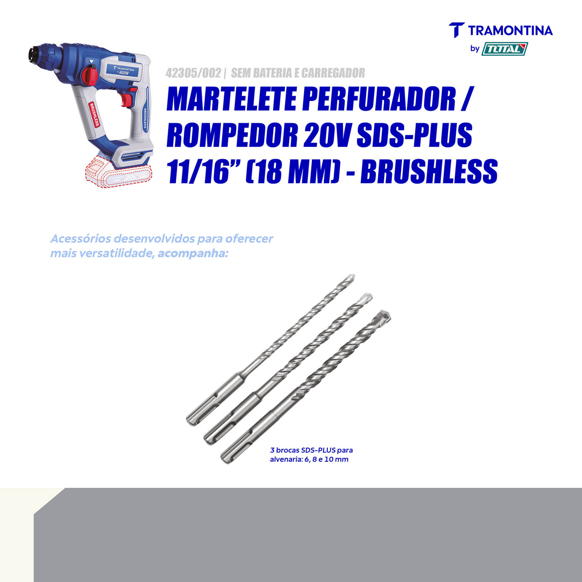 Martelete Perfurador/Rompedor 20V SDS-Plus 11/16" (18 mm) Brushless Tramontina by Total - Sem Bateria e Carregador - SKU 42305002 - 4 image number 3