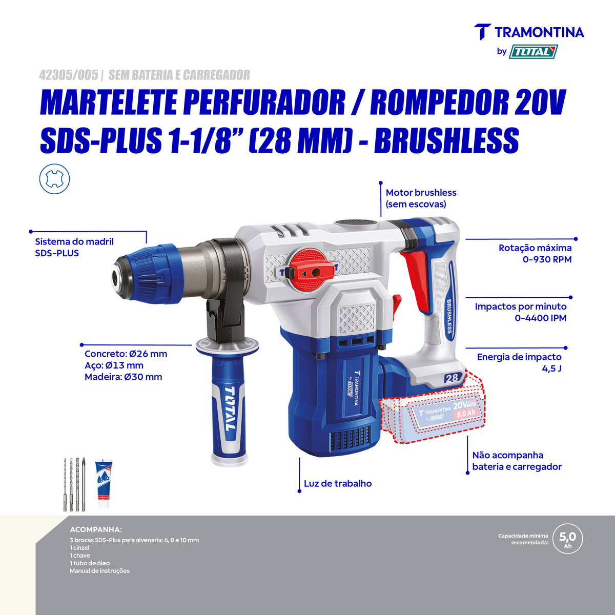 Martelete Perfurador/Rompedor 20V SDS-Plus 1-1/8" (28 mm) Brushless Tramontina by Total - Sem Bateria e Carregador - SKU 42305005 - 3 image number 2