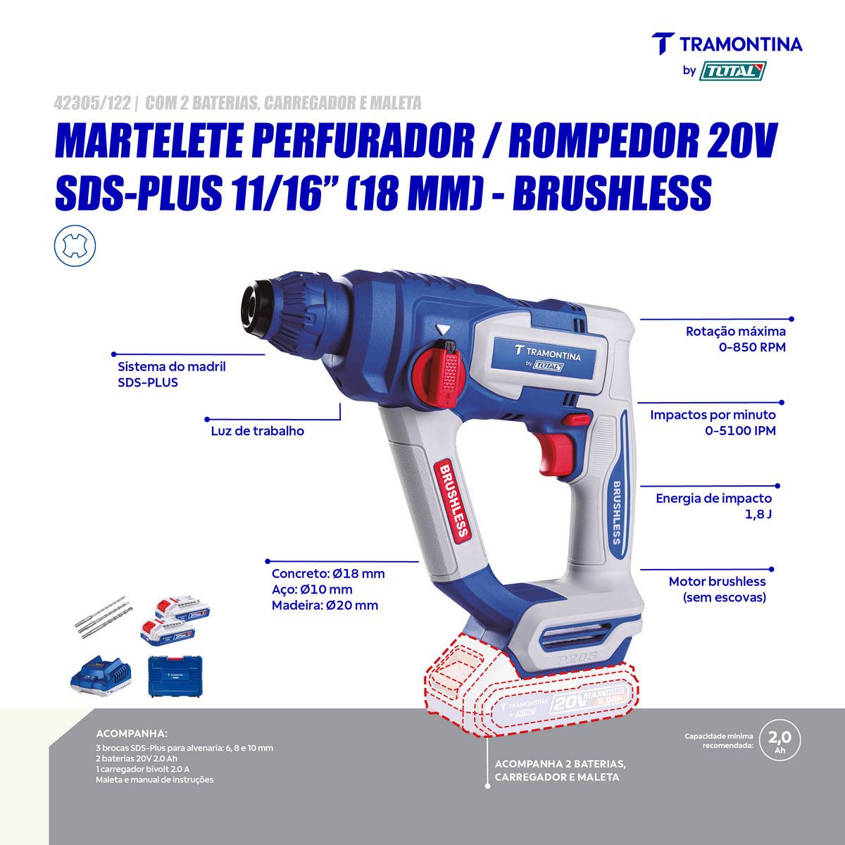 Martelete Perfurador/Rompedor 20V SDS-Plus 11/16" (18 mm) Brushless Tramontina by Total - Com 2 Baterias 20V de 2,0Ah, Carregador e Maleta - SKU 42305122 - 4 image number 3