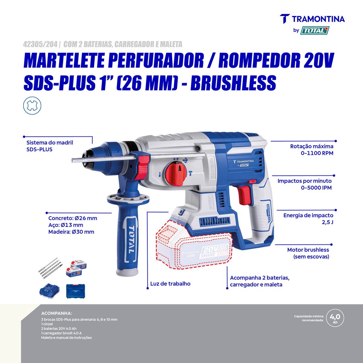 Martelete Perfurador/Rompedor 20V SDS-Plus 1" (26 mm) Brushless Tramontina by Total - Com 2 Baterias 20V de 4,0Ah, Carregador e Maleta - SKU 42305204 - 3 image number 2