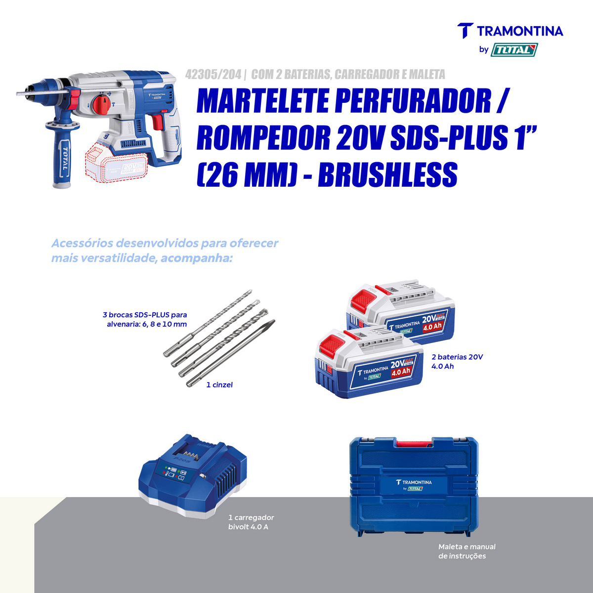 Martelete Perfurador/Rompedor 20V SDS-Plus 1" (26 mm) Brushless Tramontina by Total - Com 2 Baterias 20V de 4,0Ah, Carregador e Maleta - SKU 42305204 - 4 image number 3