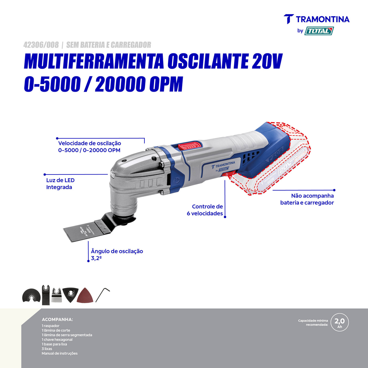Multiferramenta Oscilante 20V 0-5000/20000 opm Tramontina by Total - Sem Bateria e Carregador - SKU 42306008 - 2 image number 1