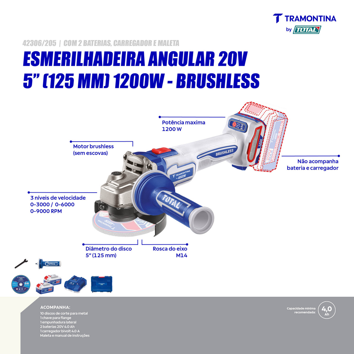 Esmerilhadeira Angular 20V 5" (125 mm) 1200W Brushless Tramontina by Total - Com 2 Baterias 20V de 4,0Ah, Carregador e Maleta - SKU 42306205 - 3 image number 2