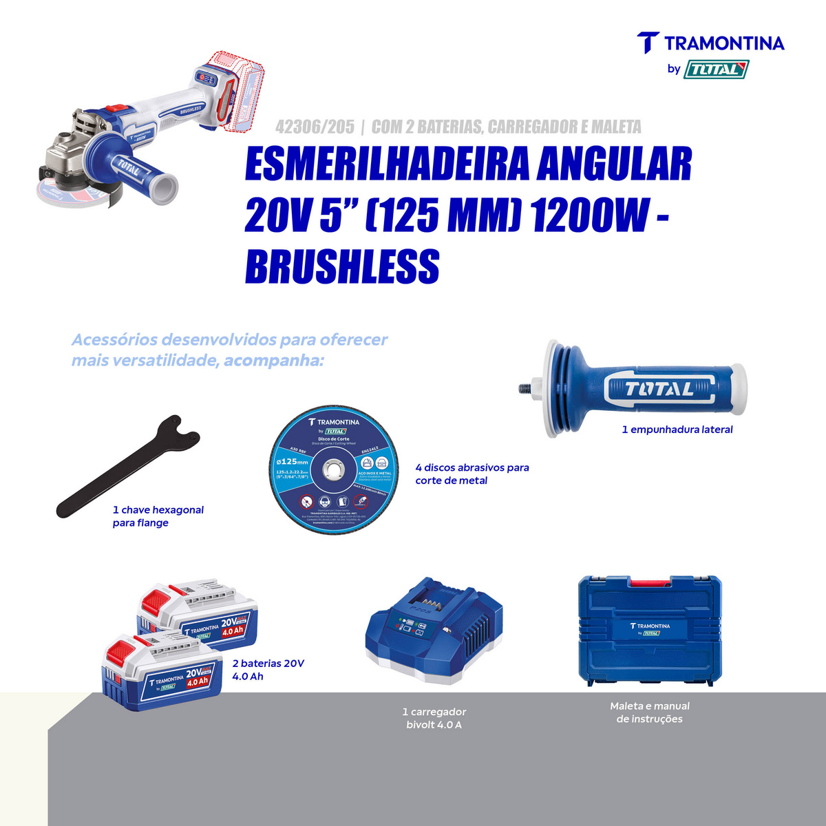 Esmerilhadeira Angular 20V 5" (125 mm) 1200W Brushless Tramontina by Total - Com 2 Baterias 20V de 4,0Ah, Carregador e Maleta - SKU 42306205 - 4 image number 3