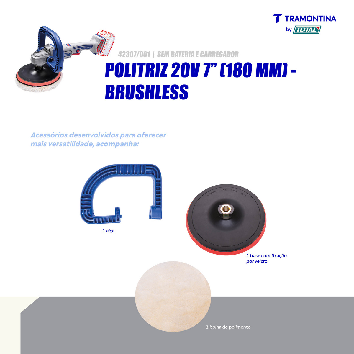 Politriz 20V 7" (180 mm) Brushless Tramontina by Total - Sem Bateria e Carregador - SKU 42307001 - 4 image number 3