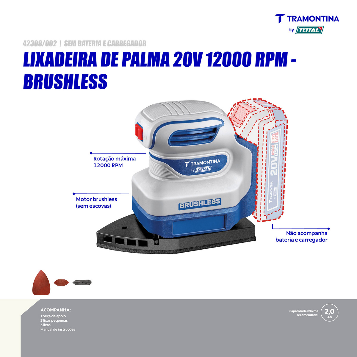Lixadeira de Palma 20V 12000 rpm Brushless Tramontina by Total - Sem Bateria e Carregador - SKU 42308002 - 3 image number 2