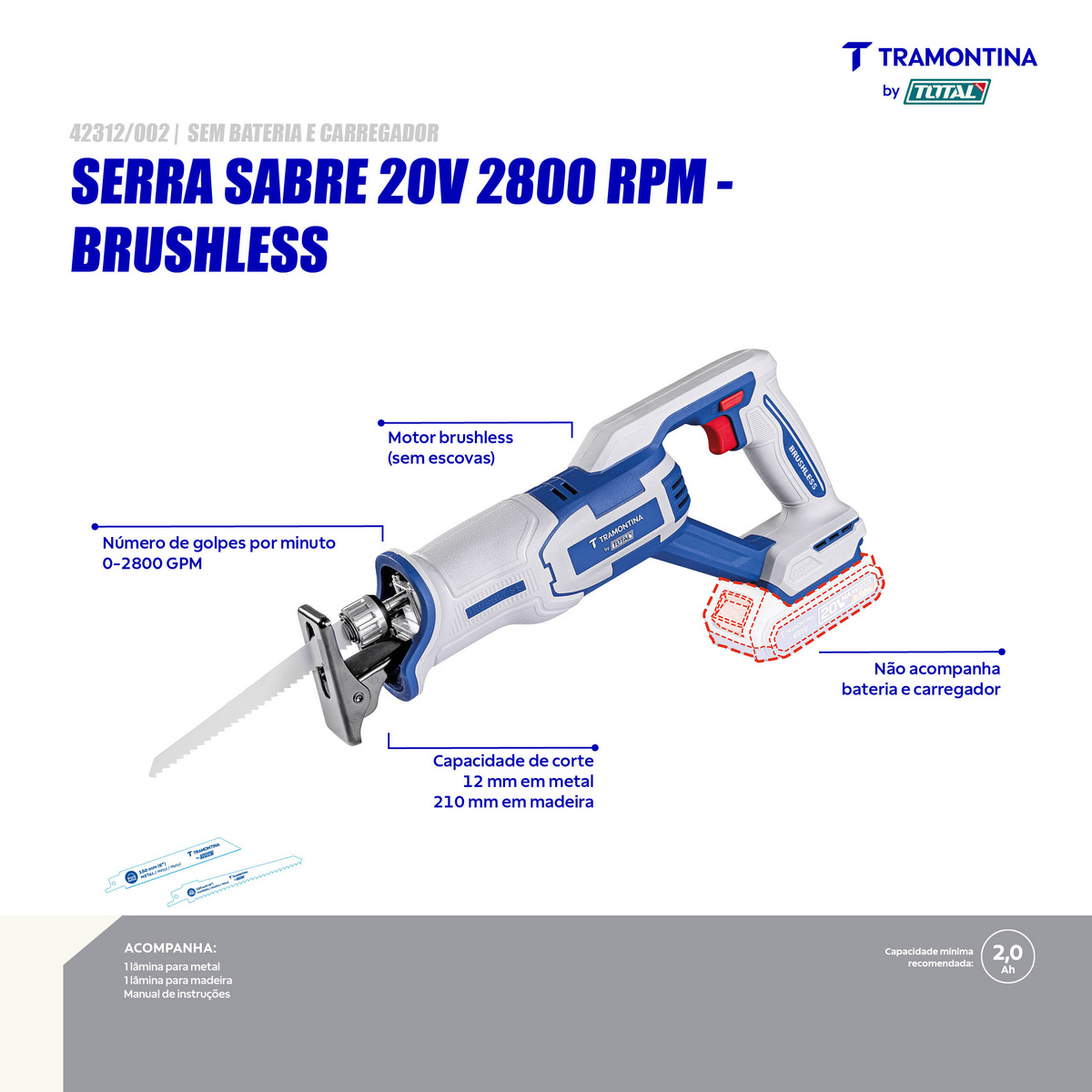 Serra Sabre 20V 2800 rpm Brushless Tramontina by Total - Sem Bateria e Carregador - SKU 42312002 - 3 image number 2