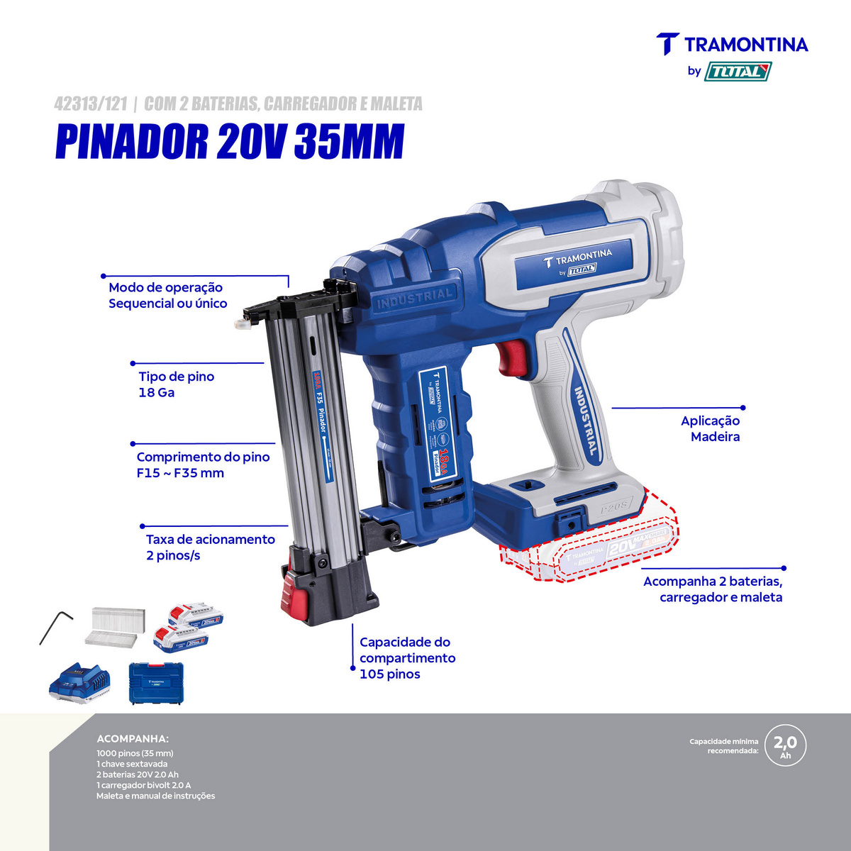Pinador 20V 35 mm Tramontina by Total - Com 2 Baterias 20V de 2,0Ah, Carregador e Maleta - SKU 42313121 - 2 image number 1