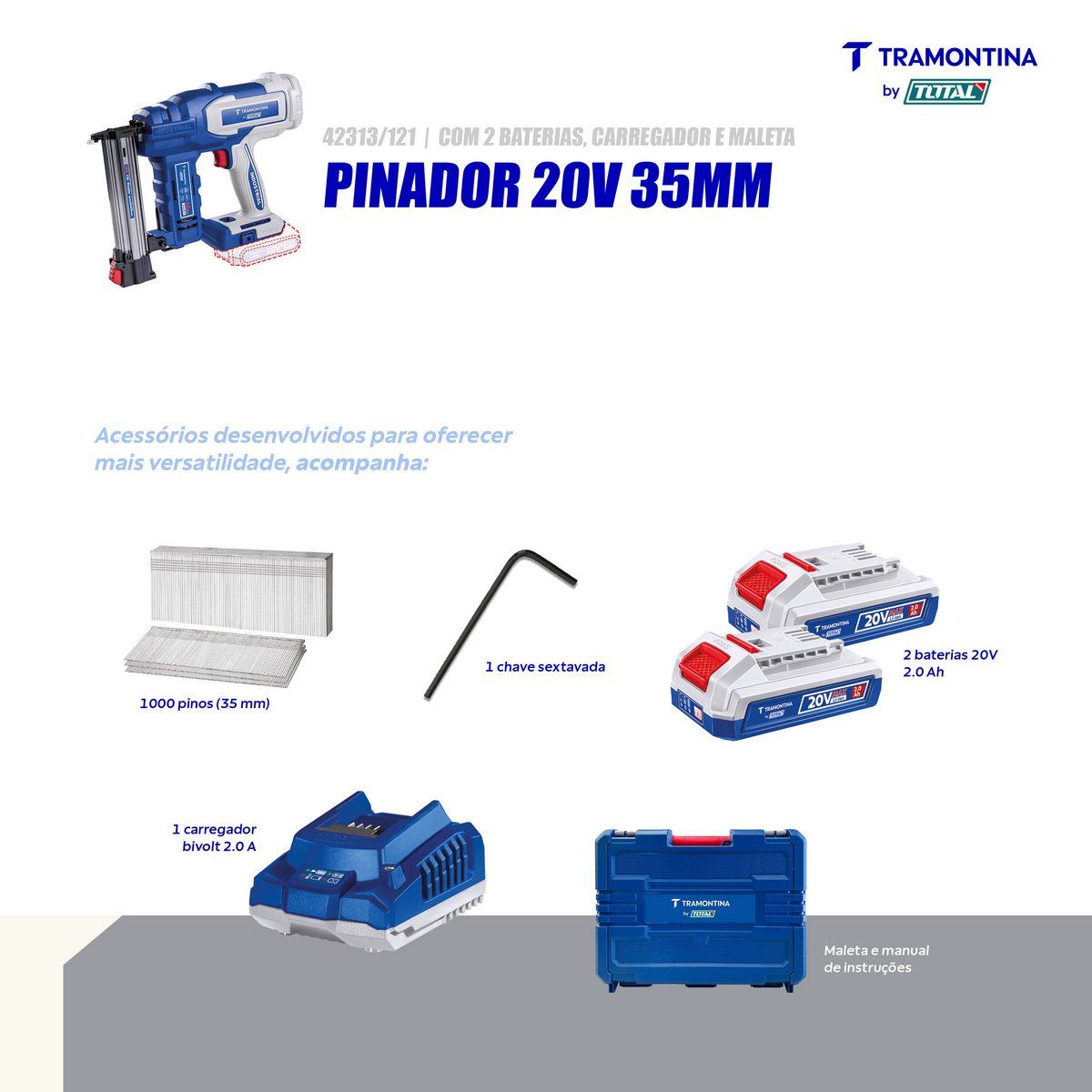 Pinador 20V 35 mm Tramontina by Total - Com 2 Baterias 20V de 2,0Ah, Carregador e Maleta - SKU 42313121 - 3 image number 2