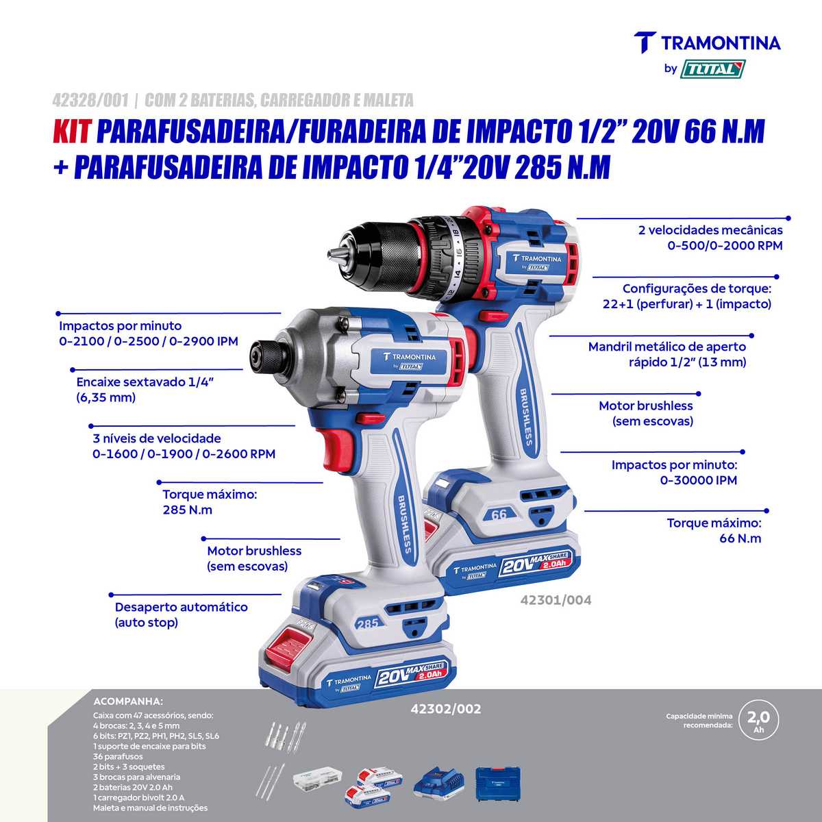 Kit Parafusadeira/Furadeira de Impacto 20V 66 N.m + Parafusadeira de Impacto 20V 285 N.m Tramontina by Total - SKU 42328001 - 3 image number 2