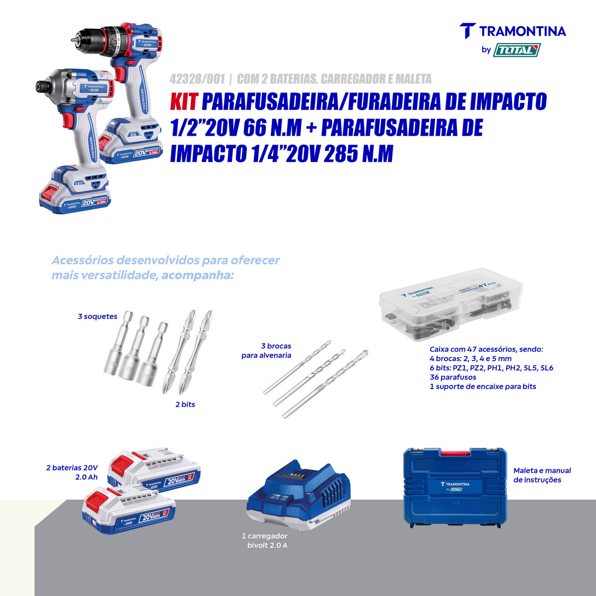 Kit Parafusadeira/Furadeira de Impacto 20V 66 N.m + Parafusadeira de Impacto 20V 285 N.m Tramontina by Total - SKU 42328001 - 4 image number 3