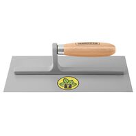 Metal square trowel with a smooth base, no teeth, with wood handle