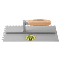 Metal square trowel with a smooth base, teeth, with wood handle