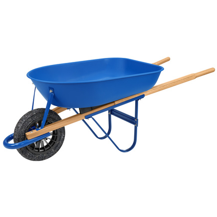 Carrinho de M&atilde;o Tramontina com Ca&ccedil;amba Rasa Pl&aacute;stica Azul 50 L, Bra&ccedil;o de Madeira Bipartido e Pneu Maci&ccedil;o - SKU 77704412