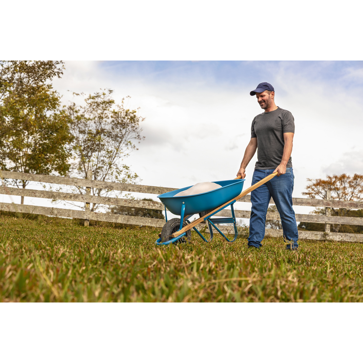 Carrinho de M&atilde;o Tramontina com Ca&ccedil;amba Rasa Pl&aacute;stica Azul 50 L, Bra&ccedil;o de Madeira Bipartido e Pneu Maci&ccedil;o - SKU 77704412 - 3 image number 2