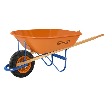 Carrinho de M&atilde;o Tramontina com Ca&ccedil;amba Extrafunda Met&aacute;lica Laranja 80 L, Bra&ccedil;o de Madeira e Pneu Maci&ccedil;o - SKU 77713221