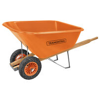 Carrinho de Mão Tramontina com Caçamba Plástica Extrafunda Laranja 200 L, Braço de Madeira e Duas Rodas com Pneus Maciços