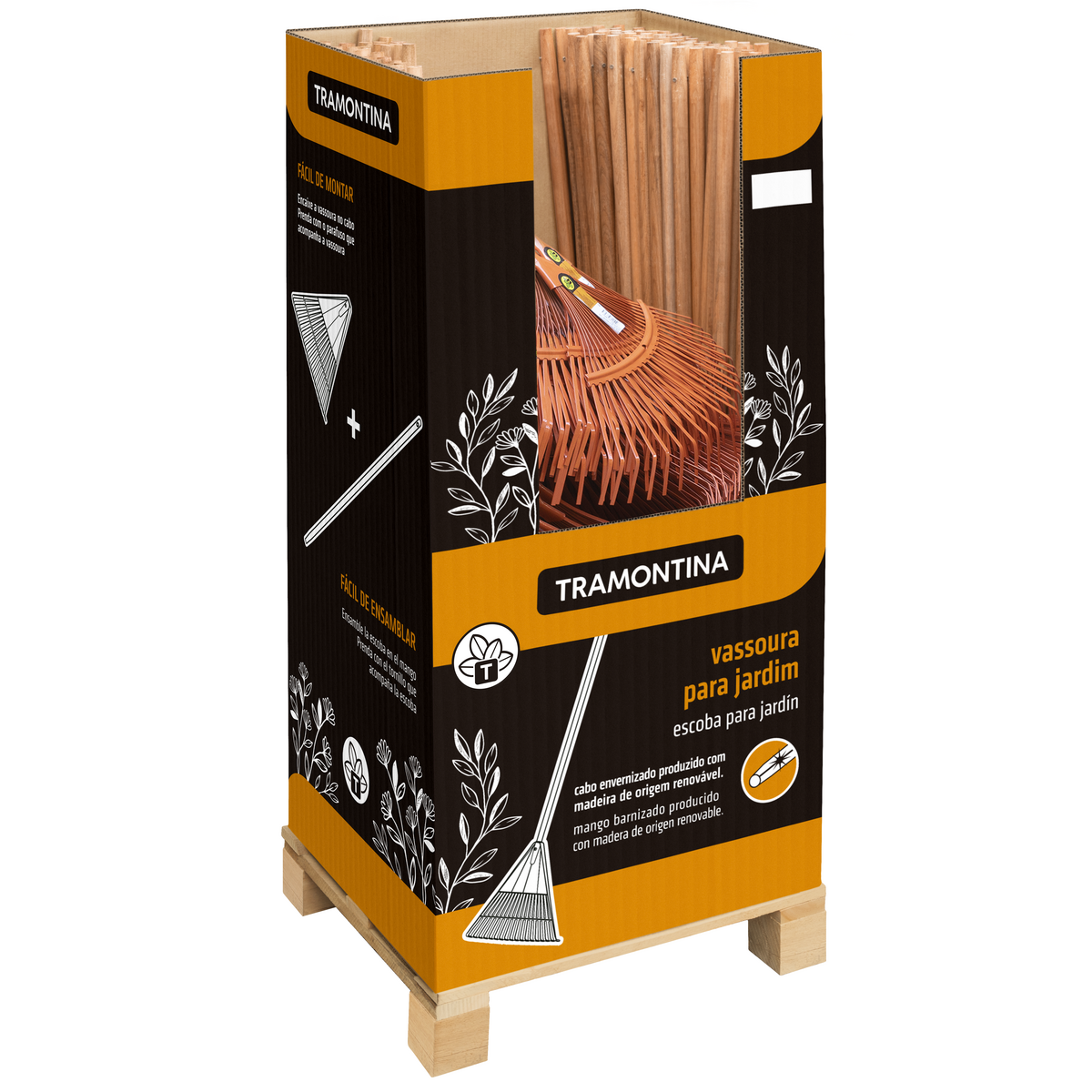 Escoba metálica fija 22 dientes, mango de madera 120 cm desmontado