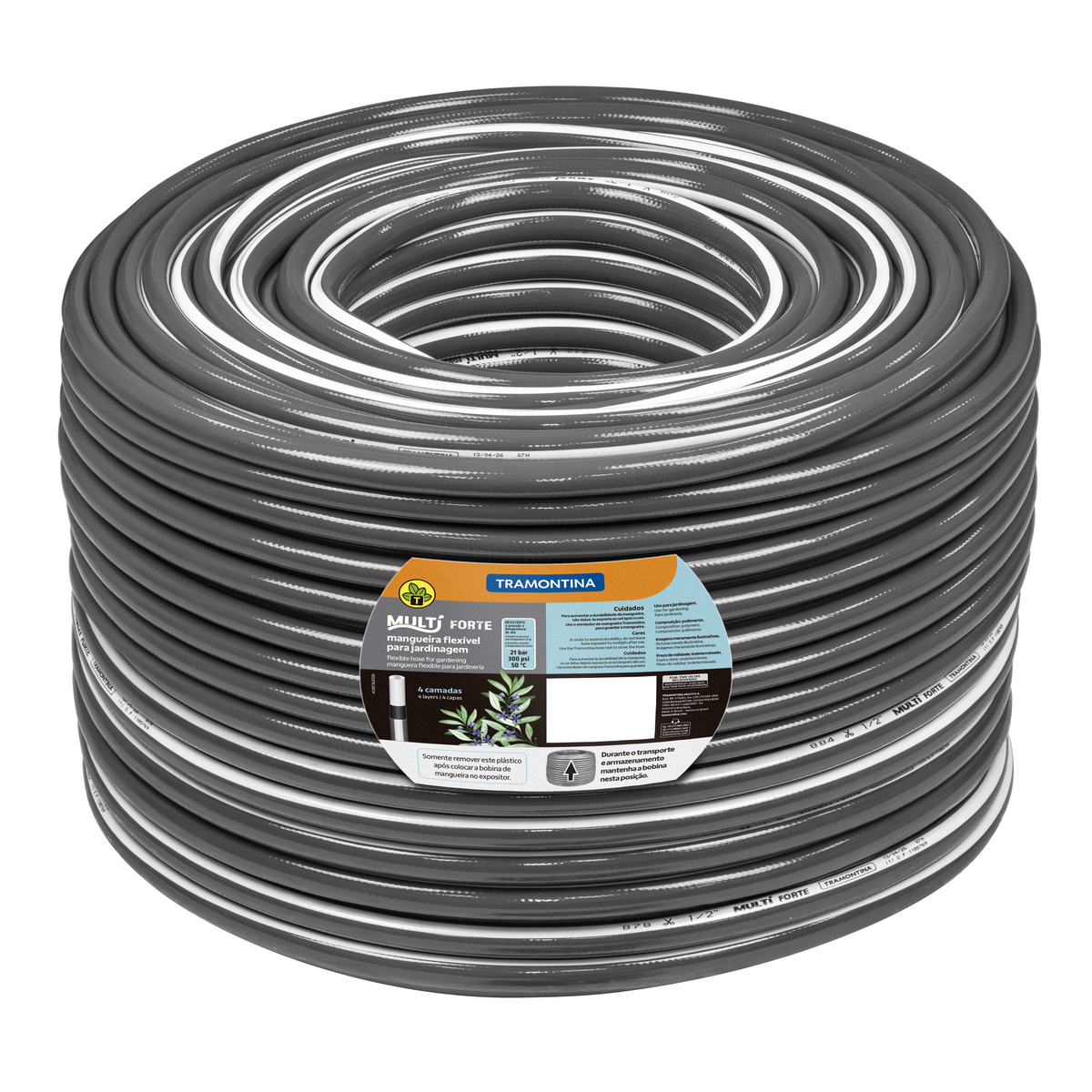 Mangueira Multi Forte 1/2" para Jardim Tramontina Cinza com Faixa Branca em PVC 4 Camadas 100 m - SKU 79230515 - 1 image number 0