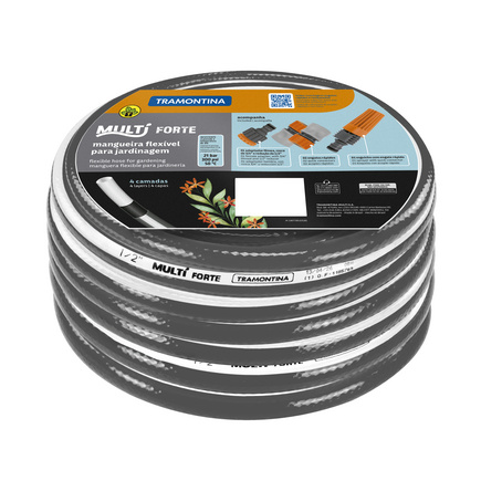 Mangueira Multi Forte 1/2" para Jardim Tramontina Cinza com Faixa Branca em PVC 4 Camadas 25 m com Engates R&aacute;pidos e Esguicho - SKU 79232255