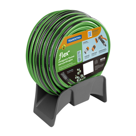 Mangueira Flex para Jardim Tramontina Verde com Faixa Preta em PVC 4 Camadas 15 m com Engate R&aacute;pido, Engate Rosqueado, Hidropistola e Suporte - SKU 79326615